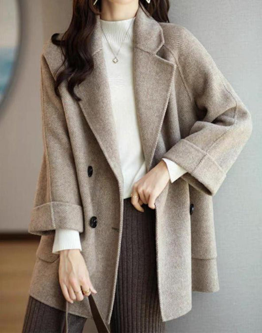 Women's Herringbone Wool Coat Double Breasted Loose Fit With Pockets
