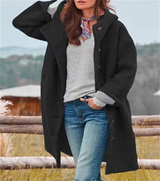 Women's Thick Long Coat Button Front Hooded With Pockets