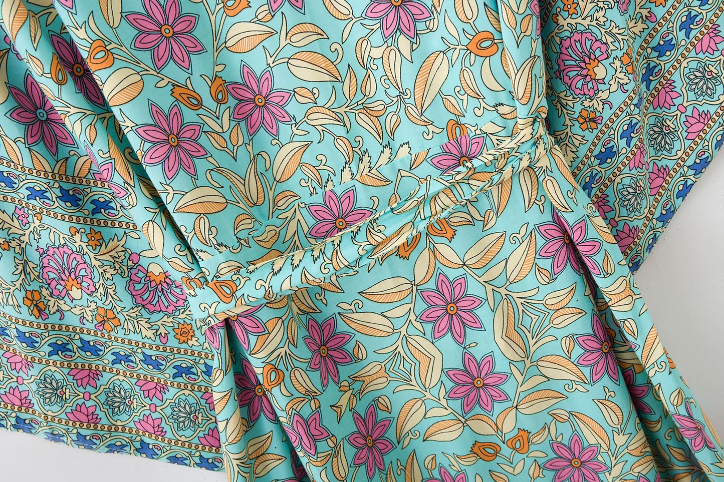 Women's Bohemian Style Turquoise Pink Floral Print Kimono Robe