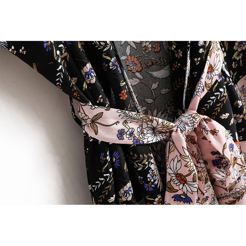 Women's Bohemian Style Black Pink Floral Bird Print Kimono Robe