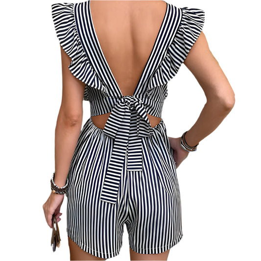 Women's Navy Blue Striped Ruffle Playsuit with Pockets