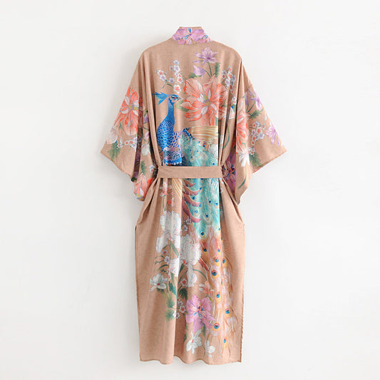 Women's Peacock Floral Print Belted Kimono