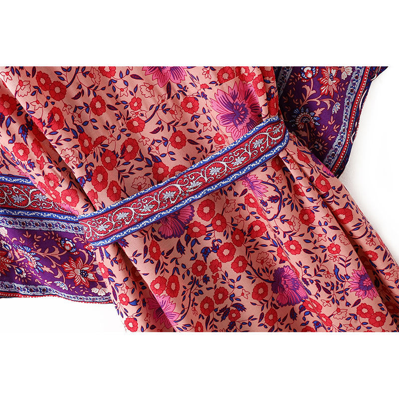 Women's Bohemian Pink Purple Floral Print Kimono Robe