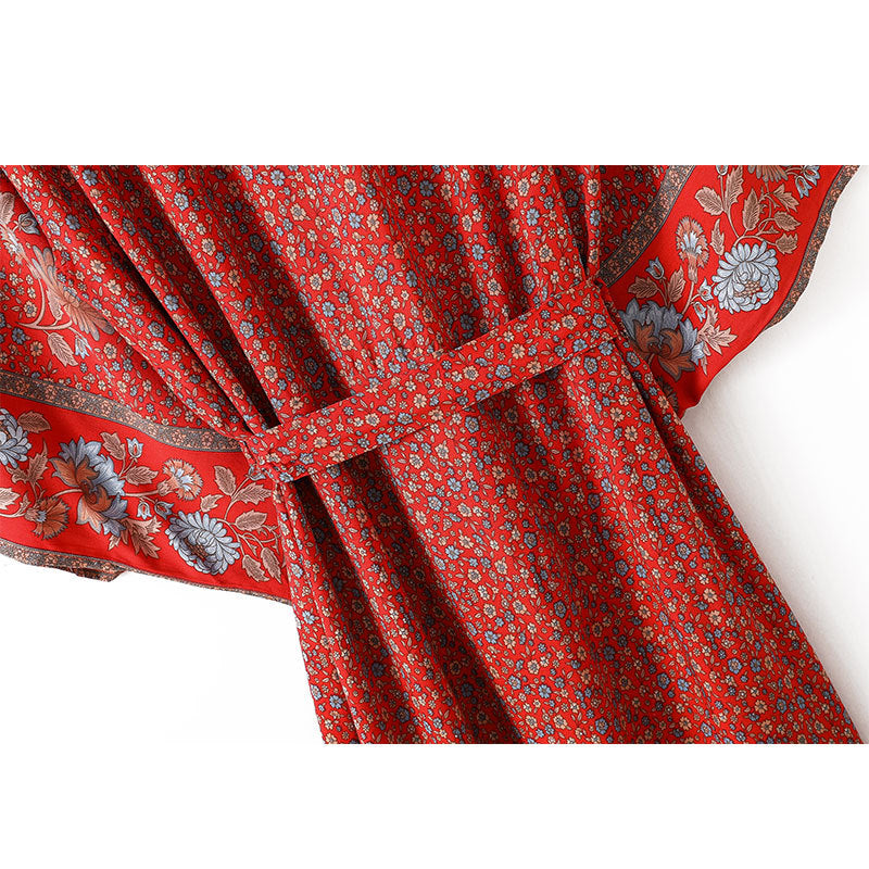 Women's Bohemian Style Red Floral Print Kimono Robe