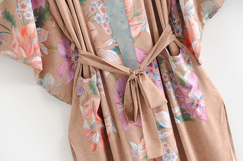 Women's Peacock Floral Print Belted Kimono