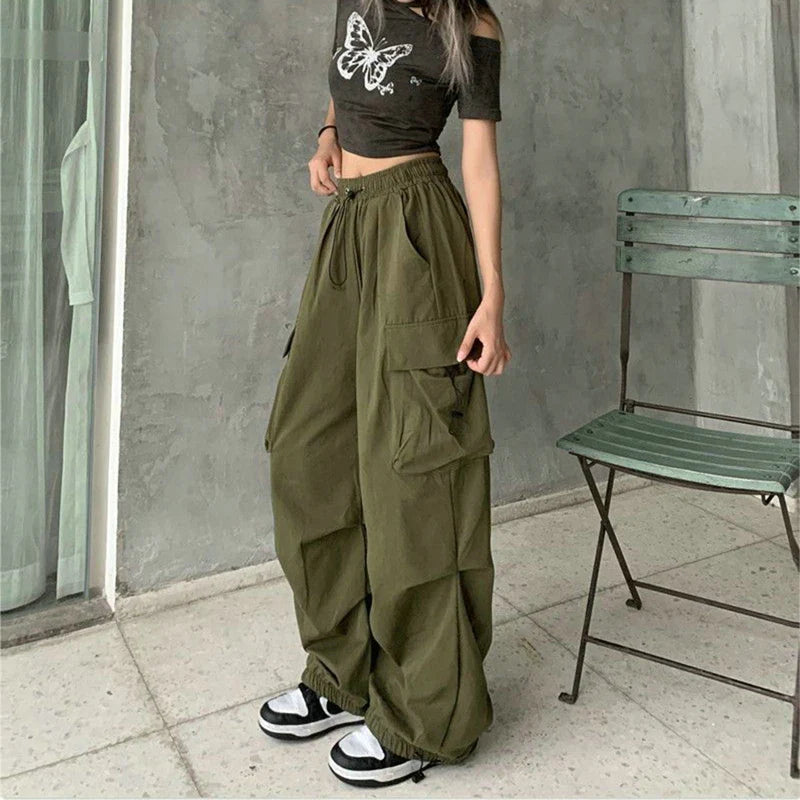 Women Casual Cargo Pant Solid Low Waist Drawstring Big Pockets Wide Leg Baggy Trousers Female