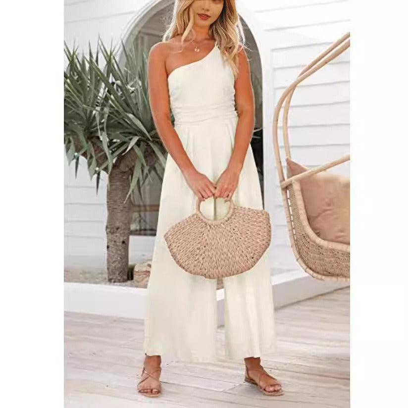Women's Solid Colour Linen Jumpsuit Camisole Sleeveless One Shoulder Fitted Waist Wide Leg Trendy Outfit