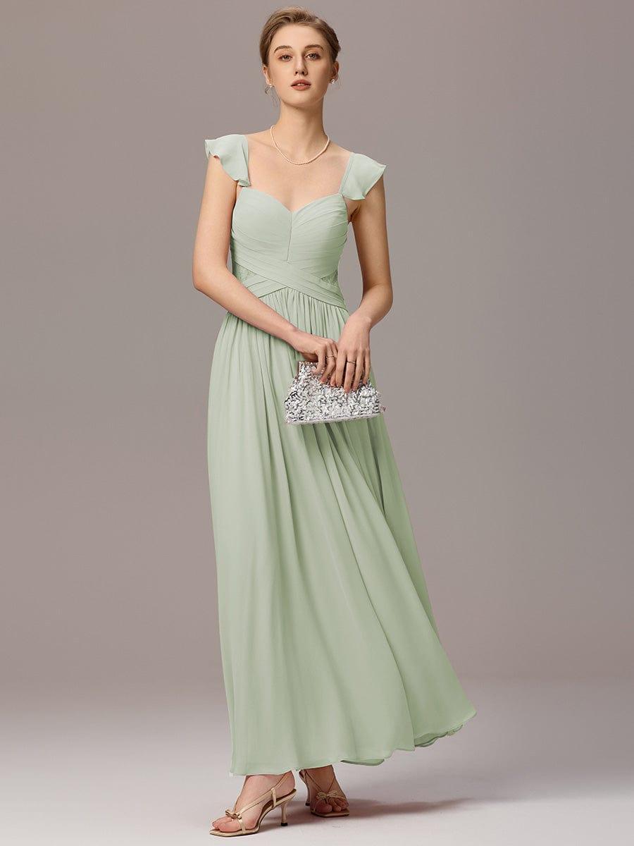 ever BELISSE|Pleated Back-Tie Ruffle Sleeves Maxi Bridesmaid Dress with Lace Details
