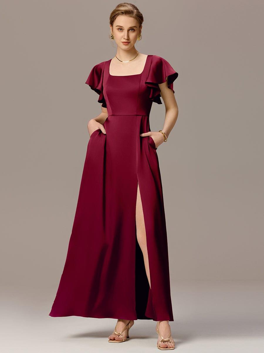 ever BELISSE|Designer Satin Square Neck Short Sleeve Ruffled Maxi Bridesmaid Dress With Pockets