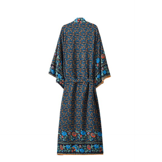 Women's Bohemian Style Black Blue Floral Print Kimono Robe