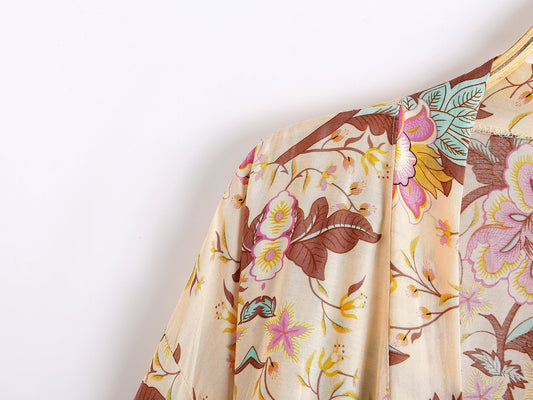 Women's Bohemian Style Yellow Pink Floral Print Kimono Robe