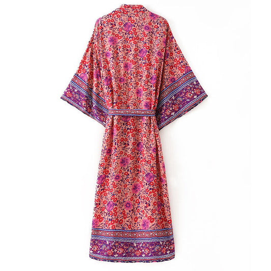 Women's Bohemian Pink Purple Floral Print Kimono Robe