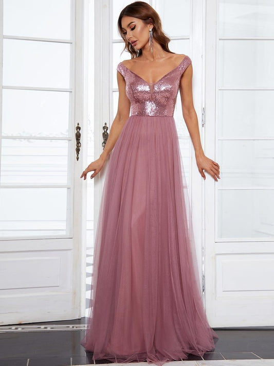 Off Shoulder Tulle & Sequin Sleeveless Evening Dress(Final Sale)