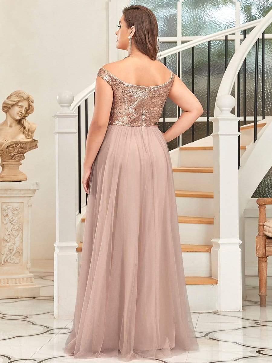 Off Shoulder Tulle & Sequin Sleeveless Evening Dress(Final Sale)