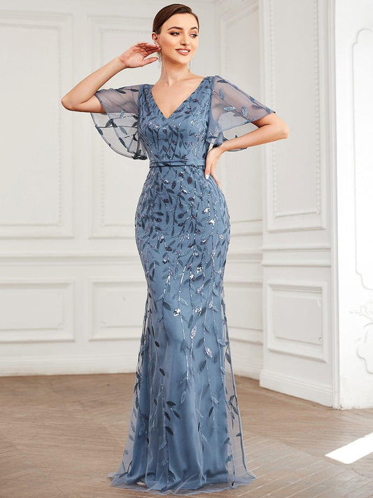ever DIONE|Gorgeous V Neck Leaf-Sequined Fishtail Party Dress(Final Sale)