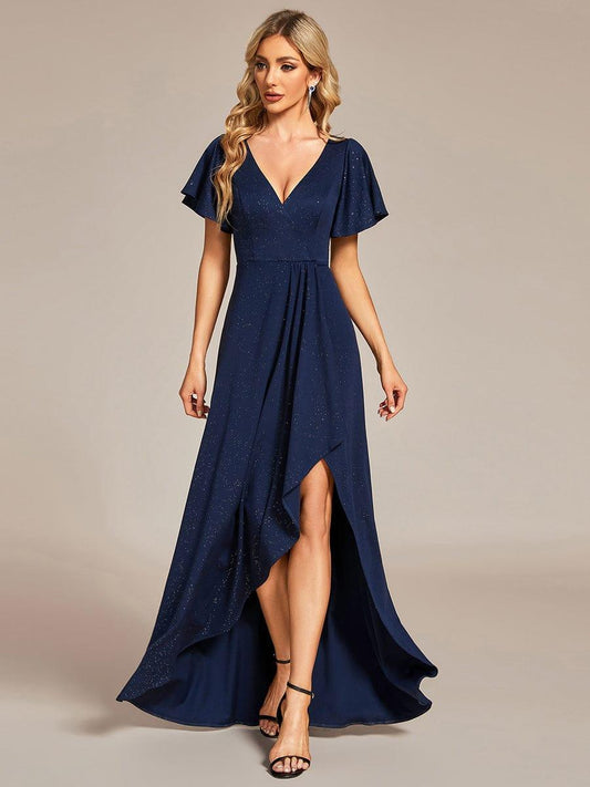 ever MELODÉ|Ruffle Sleeves V Neck High Low Evening Dress