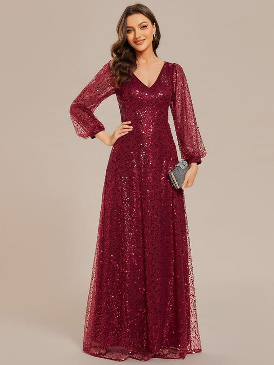 ever RAYVEN|V-Neck Lantern Long Sleeve Sequin A-Line Evening Dress