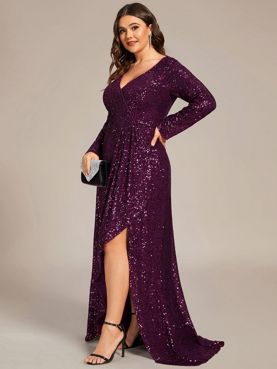 ever SYREN|Long Sleeve V-neck Asymmetrical Hem Sequin Evening Dress