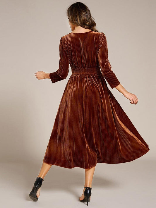 ever ARLET|V-neck Long Sleeve Velvet A-Line Midi Wedding Guest Dress
