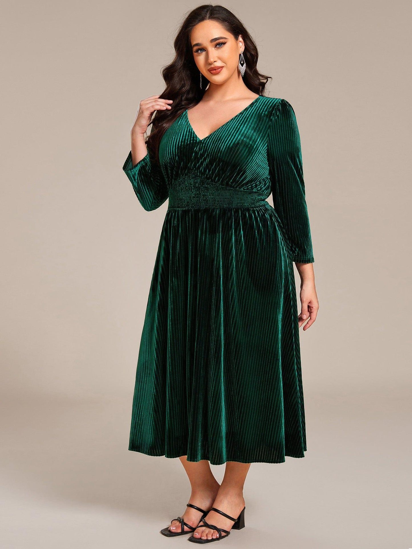 ever ARLET|V-neck Long Sleeve Velvet A-Line Midi Wedding Guest Dress