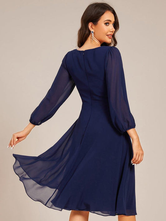 ever NYLAH|V-neck Long Sleeve Pleated Chiffon Midi Wedding Guest Dress