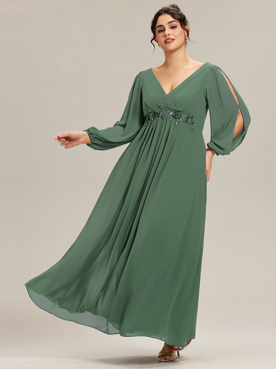 ever AMOUR|Lantern Long Slit Sleeve Deep V Applique Maxi Evening Dress