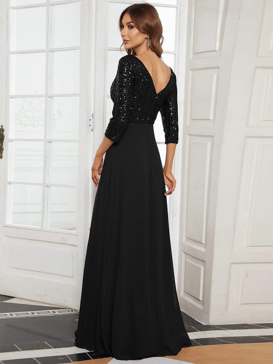 ever LUENA|Sexy V Neck A-Line Sequin Evening Dresses with 3/4 Sleeve