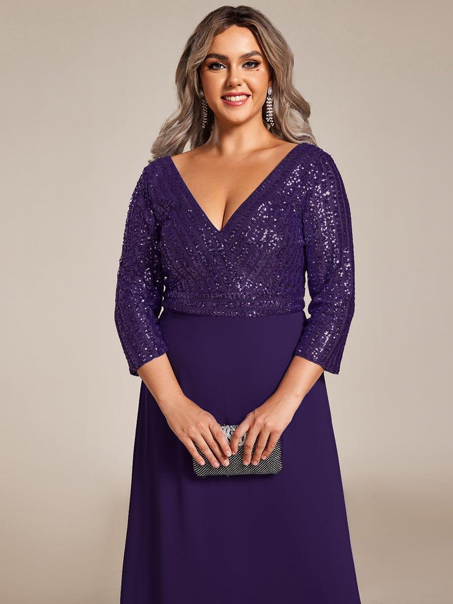ever LUENA|Sexy V Neck A-Line Sequin Evening Dresses with 3/4 Sleeve