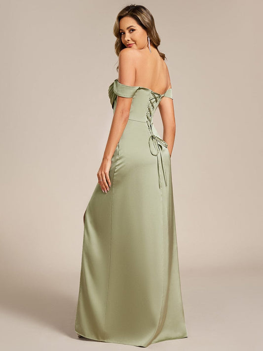 Designer Off Shoulder Back-Tie Satin Bridesmaid Dress