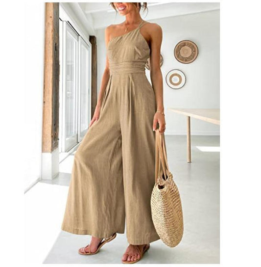 Women's Solid Colour Linen Jumpsuit Camisole Sleeveless One Shoulder Fitted Waist Wide Leg Trendy Outfit