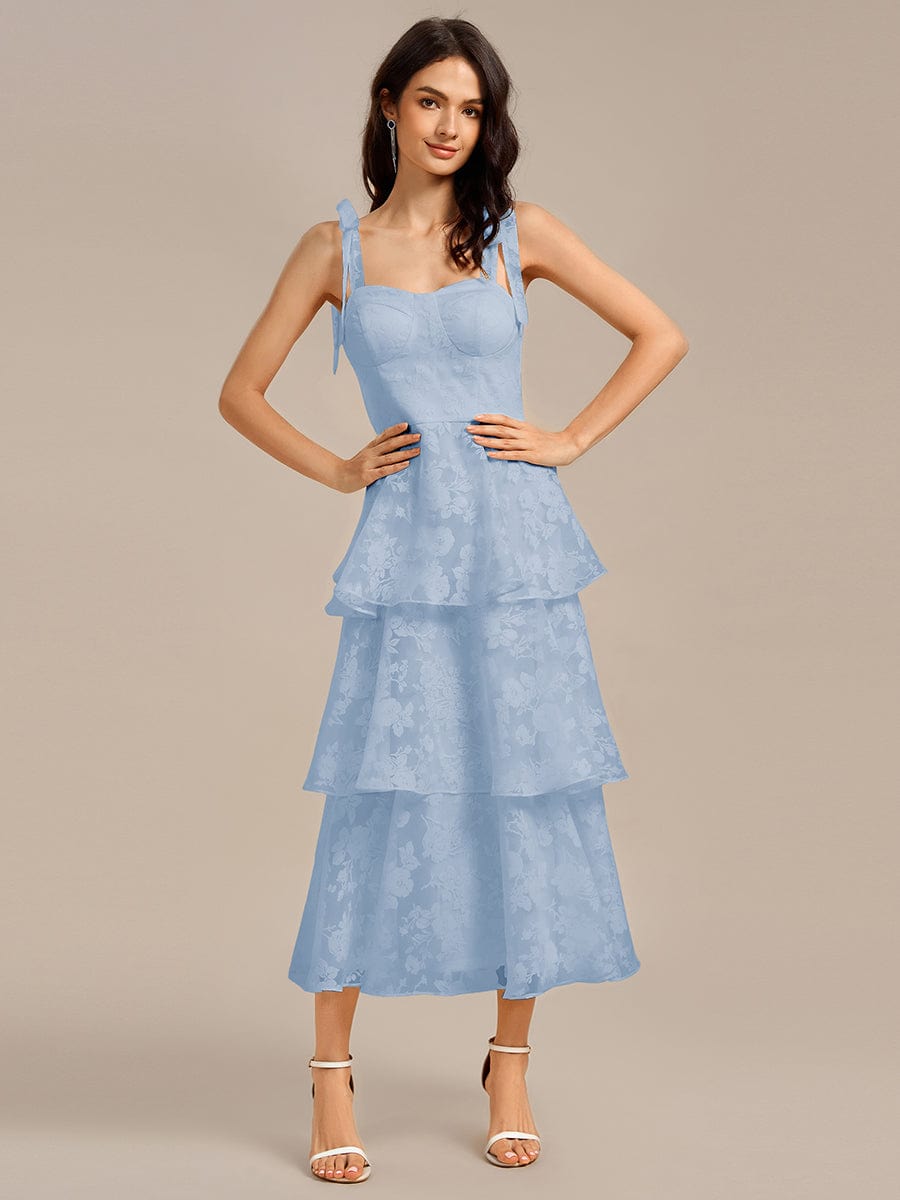 Floral Tie-Strap Bustier Tiered Midi Wedding Guest Dress