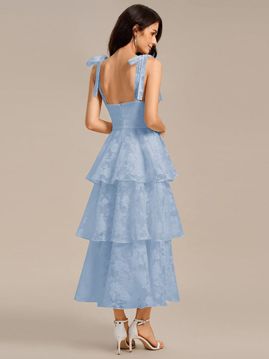 Floral Tie-Strap Bustier Tiered Midi Wedding Guest Dress