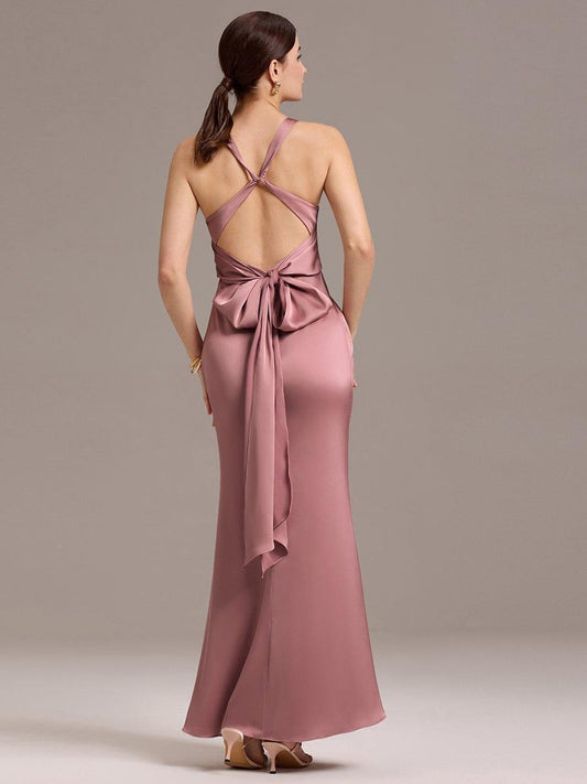 ever MINTA|Knot Front Mermaid Cross Back Bow Tie Satin Maxi Bridesmaid Dress