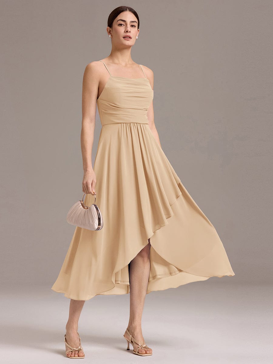 ever ARLYS|Spaghetti Strap Square Pleated High-Low Midi Bridesmaid Dress