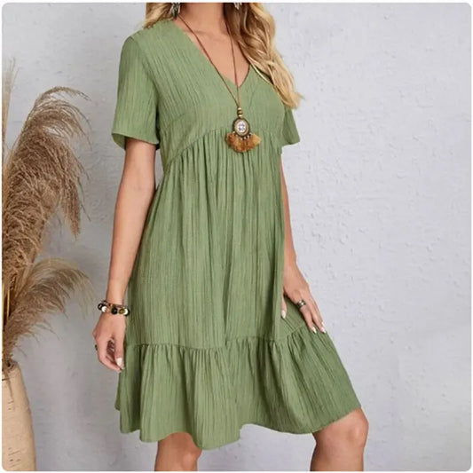 Women’s Summer Peplum Dress – Spring V-Neck Short Sleeve Loose Waist Ruffle Fit & Flare Vacation Dress