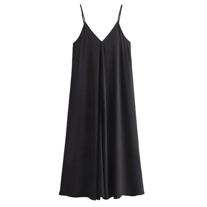 Summer Women's Loose Sleeveless Black Long Dress – Thin Straps, Backless Beach Holiday Maxi Dress