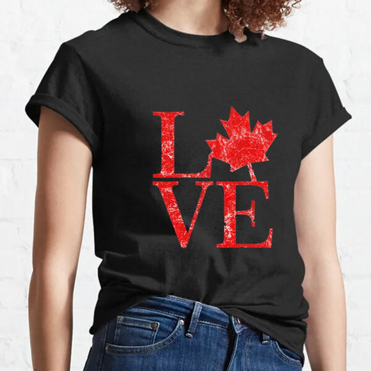 Love Canada T-Shirt – Maple Leaf Graphic & Letter Design, Black Casual Short Sleeve Tee for Women (Harajuku Style)