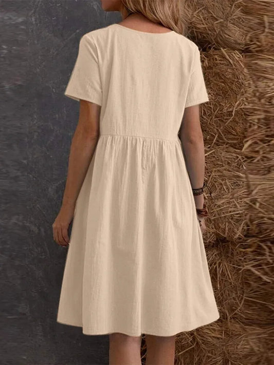Casual Loose A-Line Midi Dress for Women – Solid Color Summer Dress with Pockets, Elegant Vintage Style