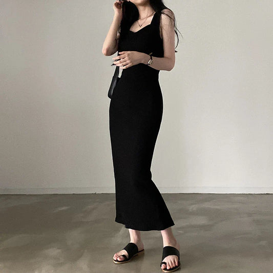 CIBBAR Basic Knit Long Dress – Korean Fashion Square Collar Sleeveless Women’s Casual Summer Y2K Vintage Outfit