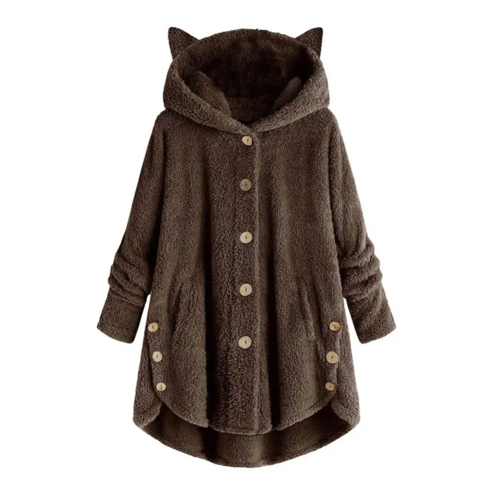 Cute Thick Plush Women Hoodies Winter Fur Cats Ears Hooded Irregular Hem Button Jacket Fleece Hoodies Coat