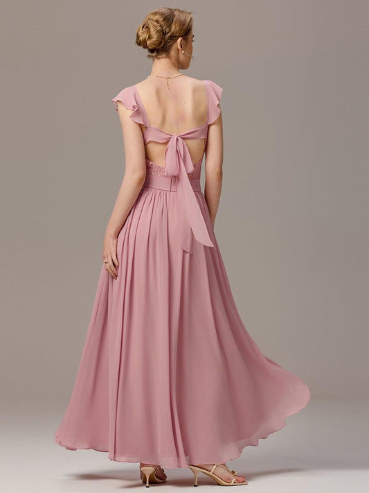 ever BELISSE|Pleated Back-Tie Ruffle Sleeves Maxi Bridesmaid Dress with Lace Details