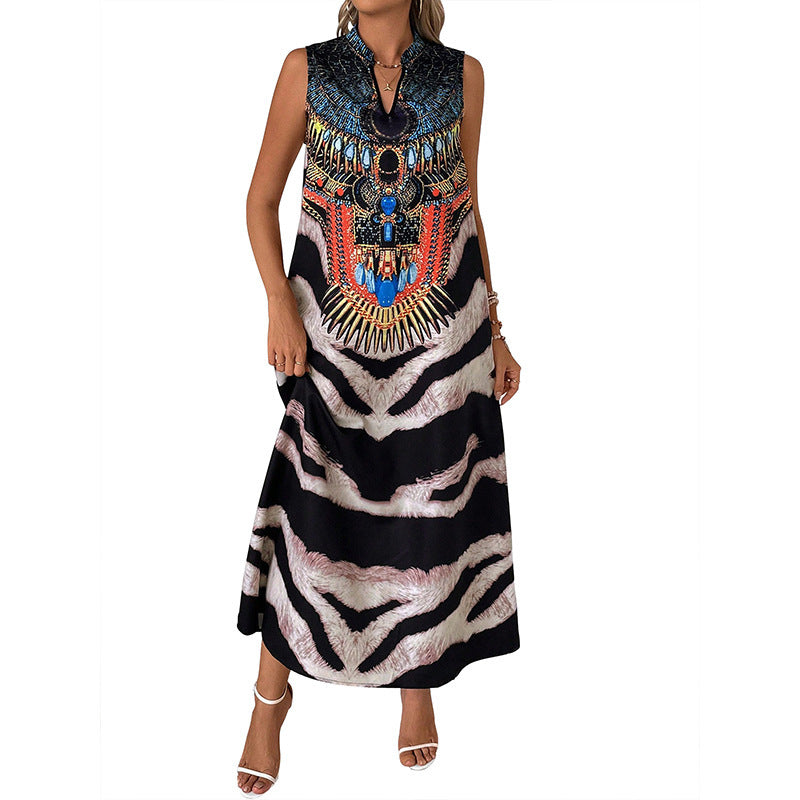 Stand Collar Sleeveless Zebra Print Dress