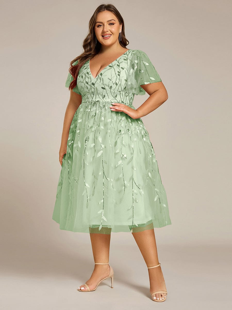 ever SIMONE|Leaf Sequin Short Sleeve Tulle Midi Wedding Guest Dress(Final Sale)