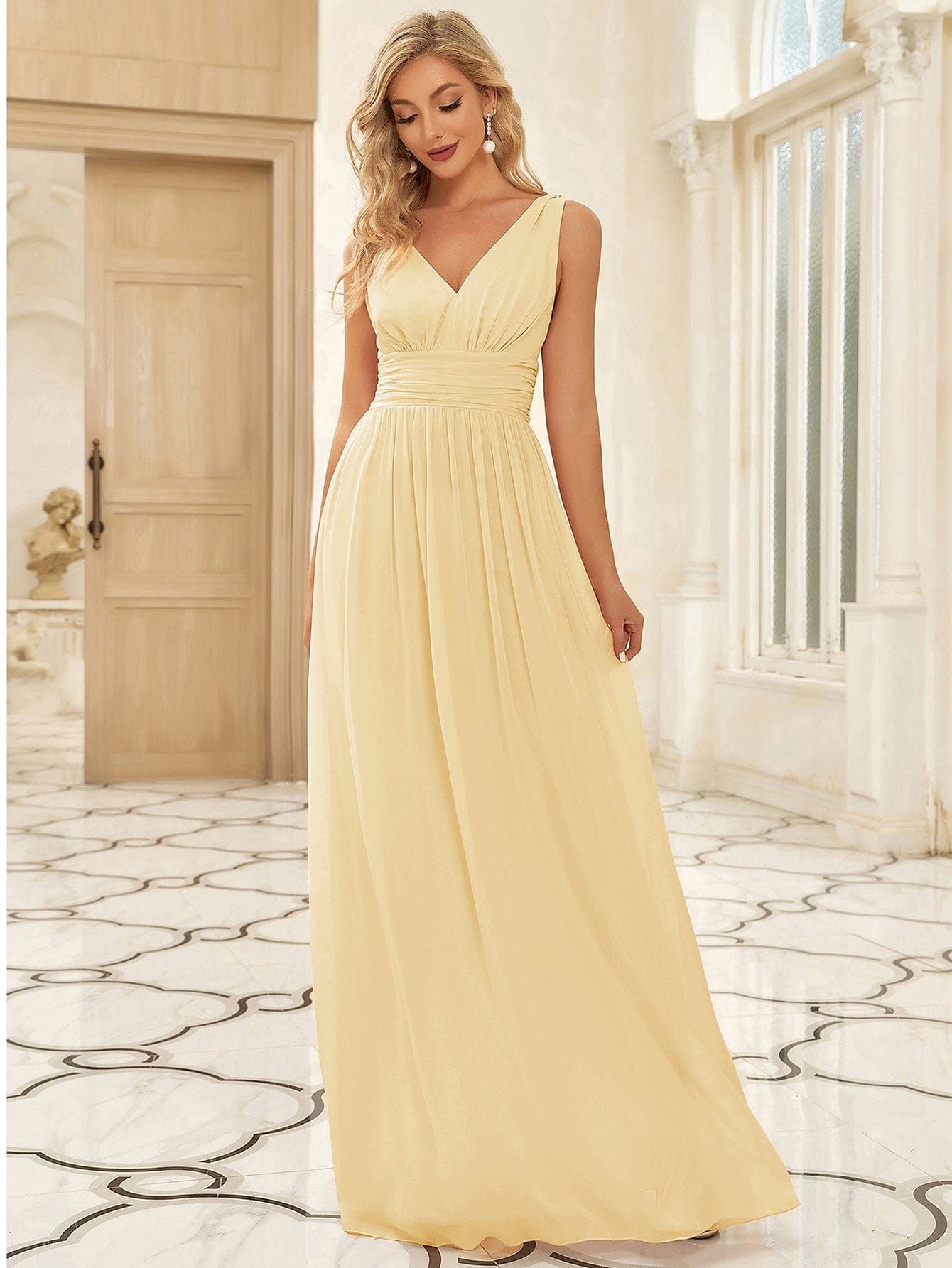ever HUSH|V Neck Sleeveless Pleated Chiffon Maxi Evening Dress