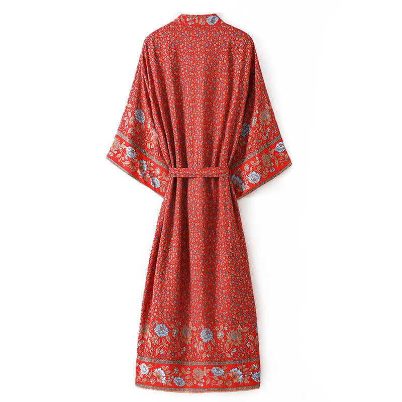 Women's Bohemian Style Red Floral Print Kimono Robe