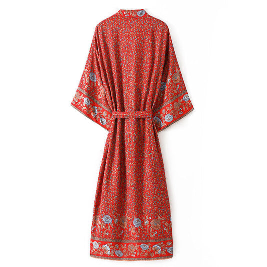 Women's Bohemian Style Red Floral Print Kimono Robe