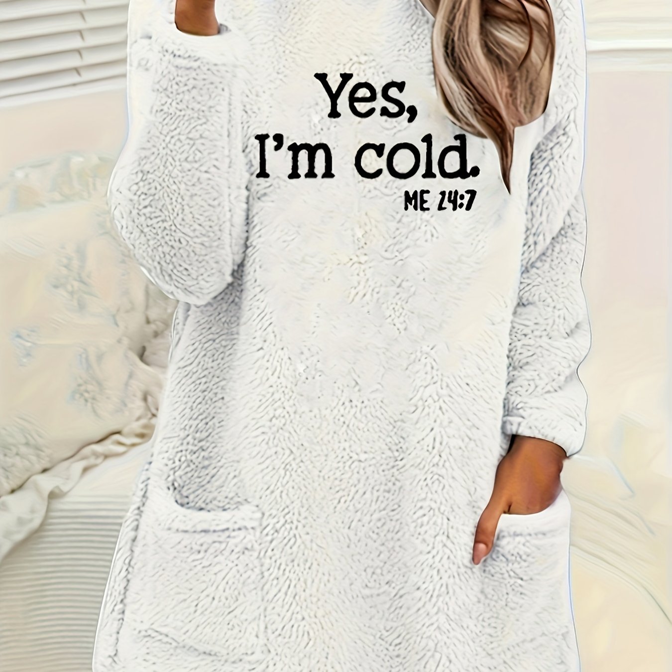 Yes I'm Cold Print Fleece Pullover Sweatshirt, Casual Long Sleeve Crew Neck Sweatshirt With Pockets For Fall & Winter, Women's Clothing