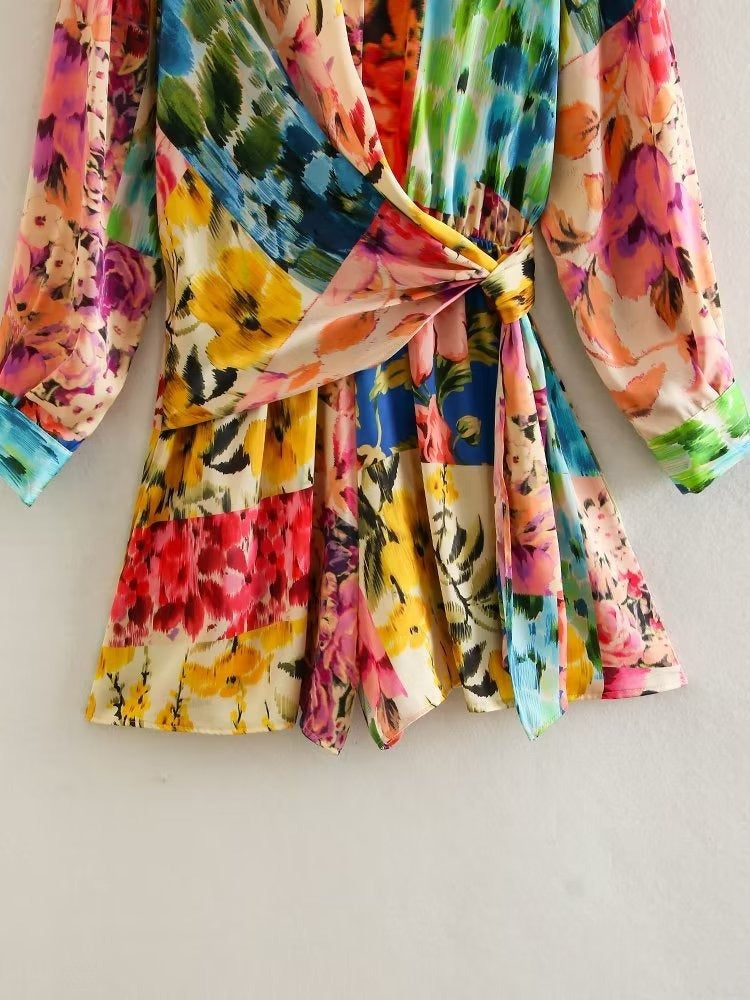 Women's Floral Rainbow Paint Print Wrap Tie Playsuit