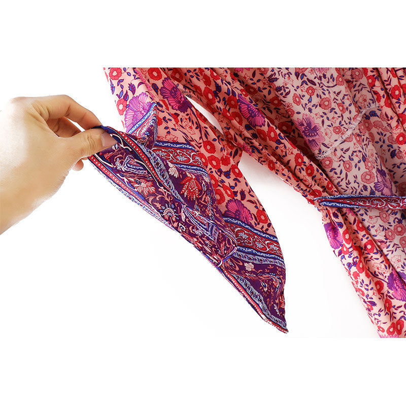 Women's Bohemian Pink Purple Floral Print Kimono Robe