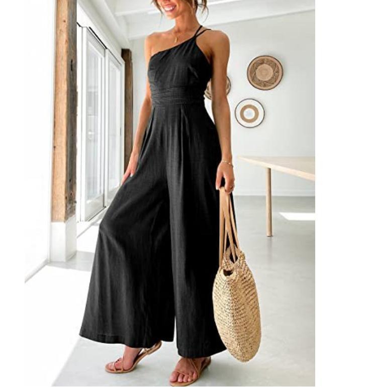 Women's Solid Colour Linen Jumpsuit Camisole Sleeveless One Shoulder Fitted Waist Wide Leg Trendy Outfit